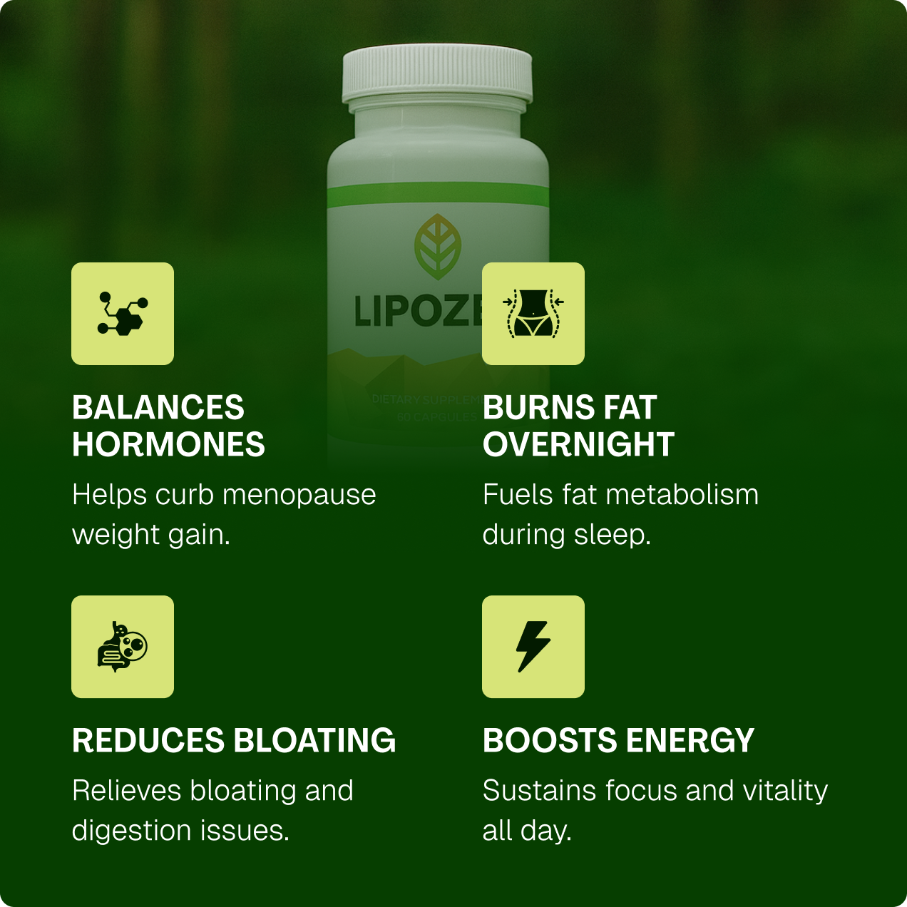 Lipozime supplement bottle with green background and feature text.