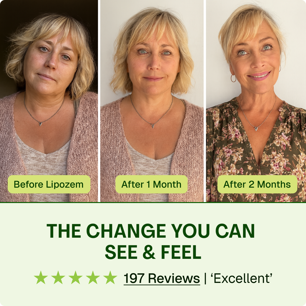 Before and after transformation of a woman's appearance with text indicating product effectiveness.