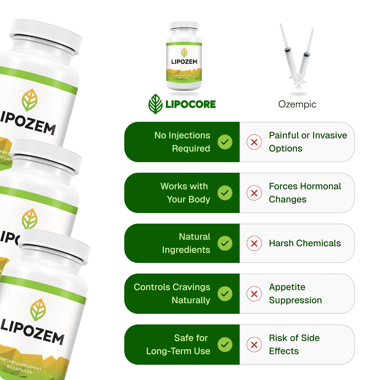 LIPOZEM supplement bottles with comparison text on a white background