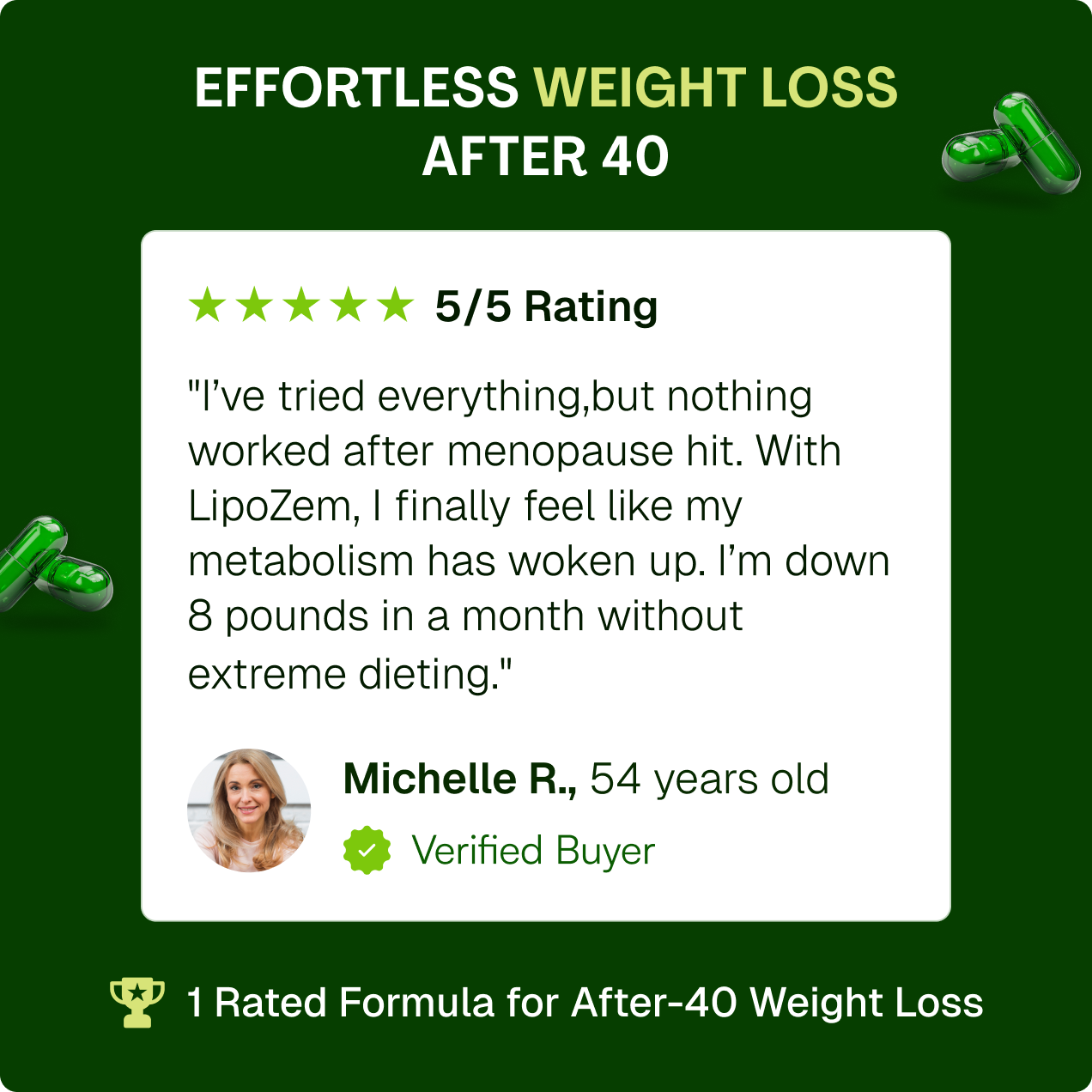 Advertisement for LipoZem with a customer review on a green background