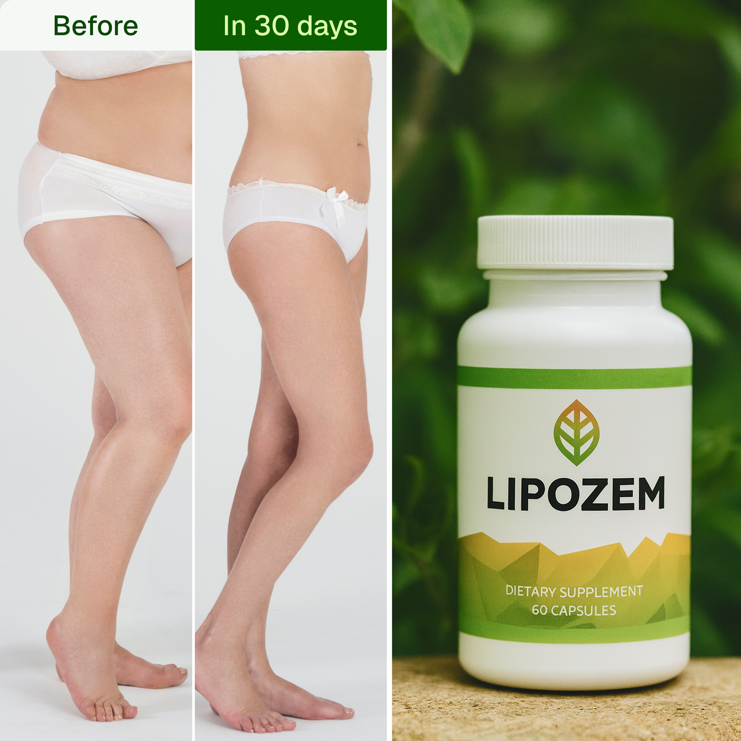 Before and after comparison of legs with Lipozem dietary supplement on a green background