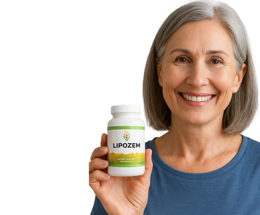 Woman holding a Lipozem supplement bottle against a white background