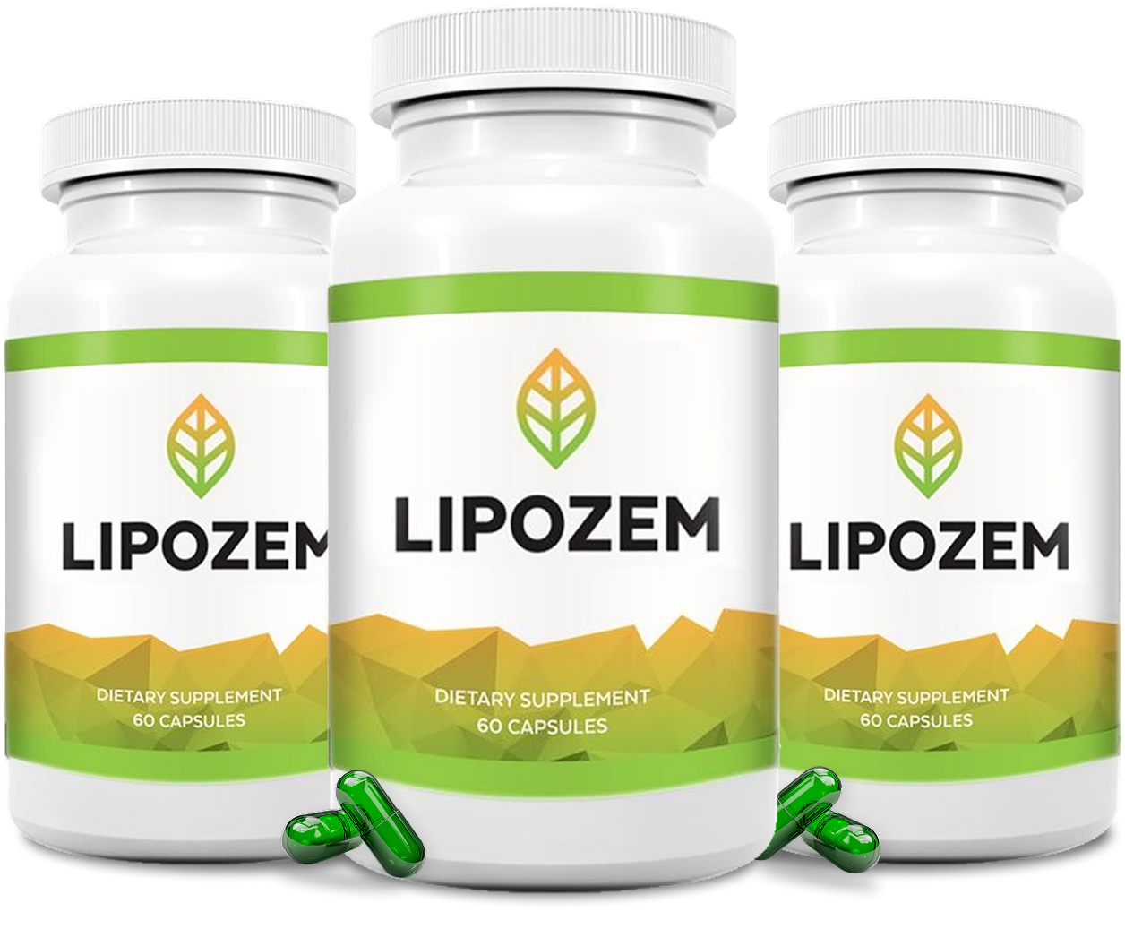 Three bottles of Lipozem dietary supplements with green capsules on a white background