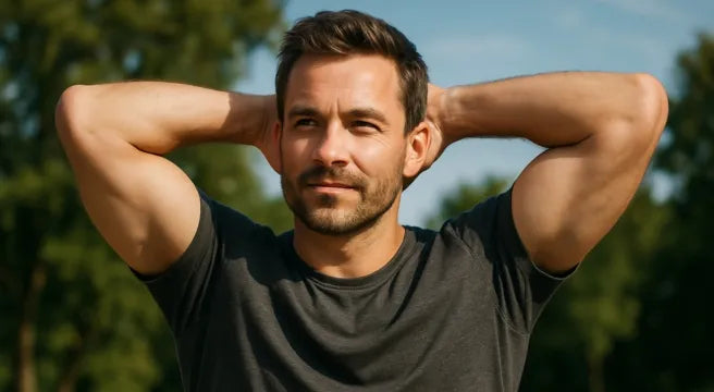 Man in a black t-shirt with hands behind his head