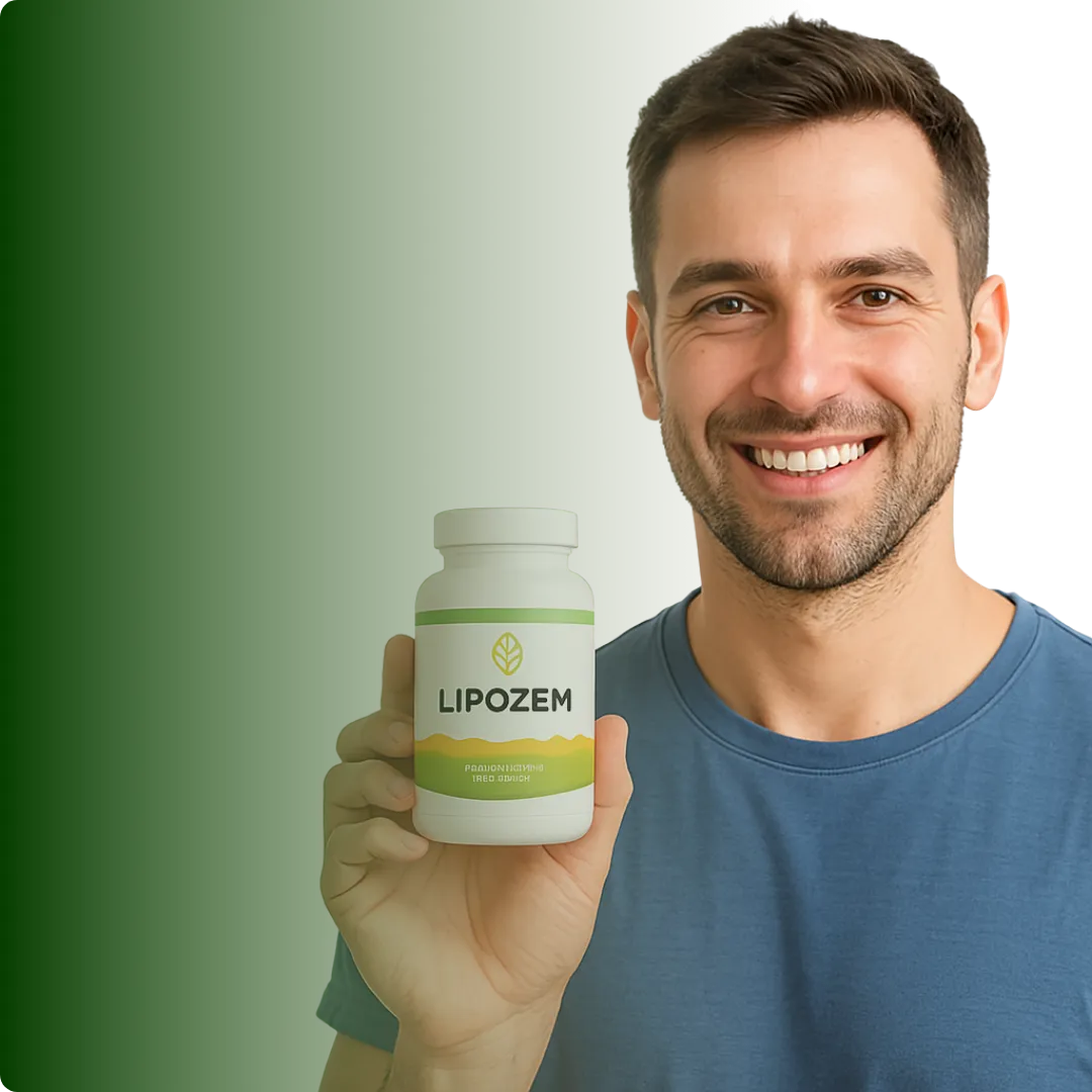 Man holding a bottle labeled 'Lipozem' against a gradient background