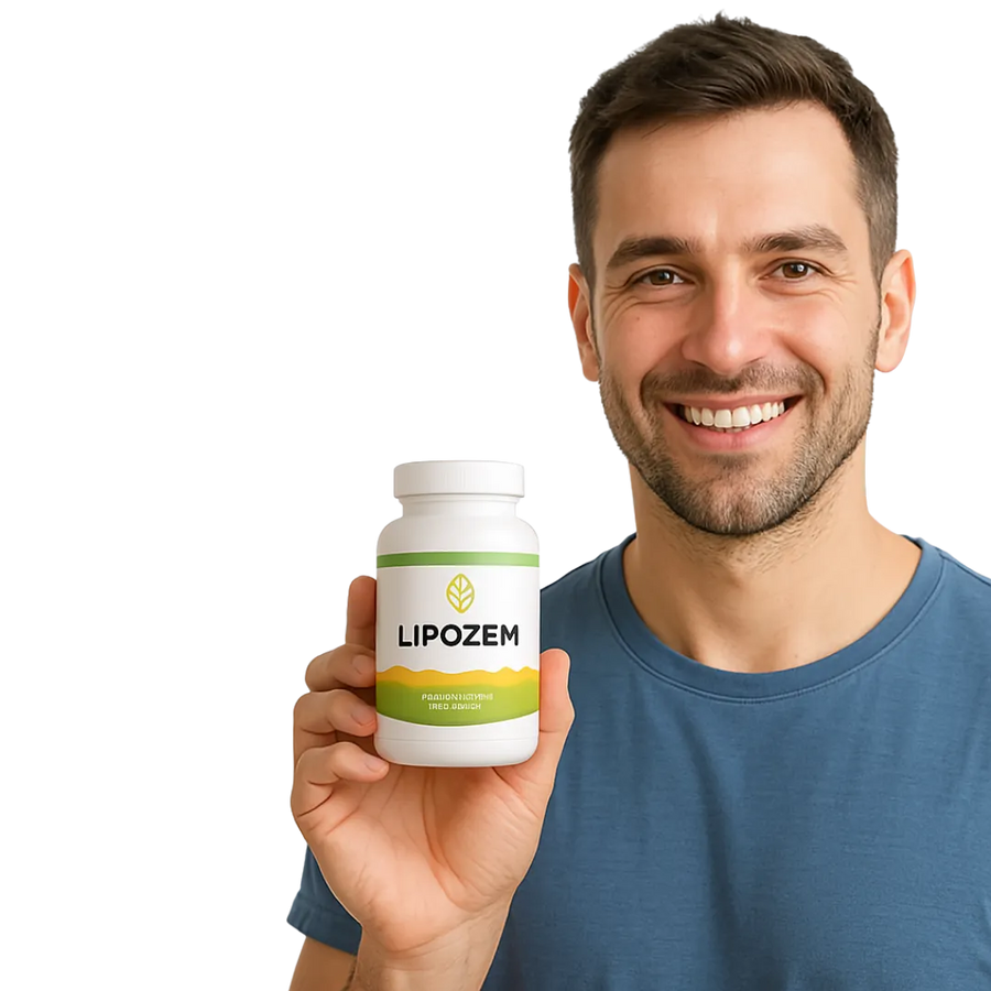 Man holding a bottle of Lipozem supplement