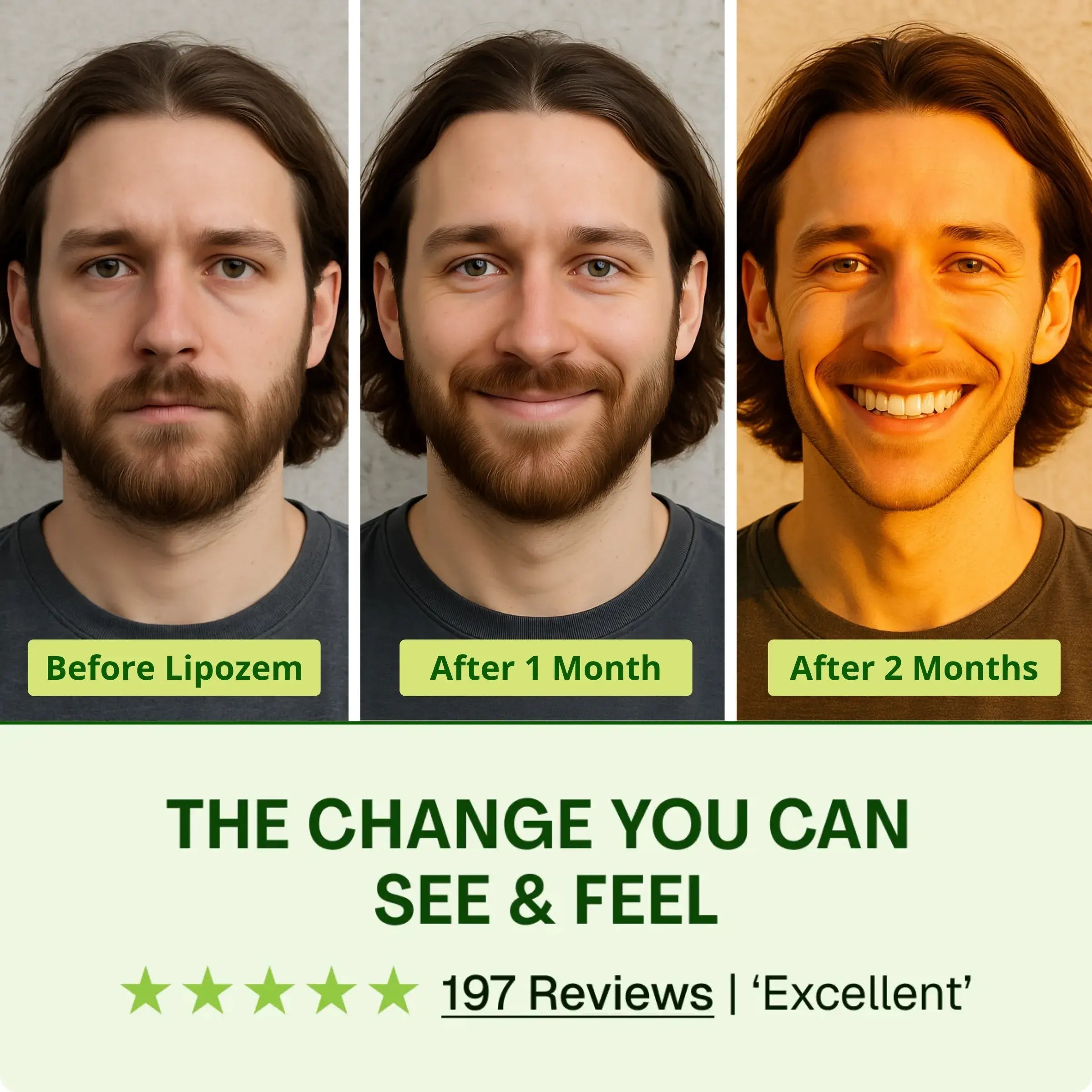 Before and after transformation of a man with text indicating weight loss progress and customer reviews.