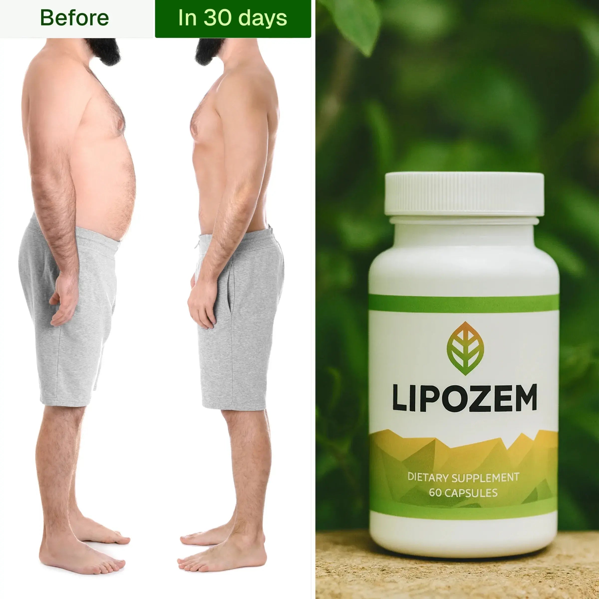Before and after weight loss transformation with Lipozem dietary supplement shown.